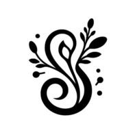 Elegant Black and White Botanical Featuring a Swirling Shape, Leaves, and Dots on a Clean White Background. vector