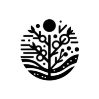 Stylized monochrome illustration of a tree within a circular frame, composed of lines, dots, and shapes, suggestive of growth and natures beauty. vector