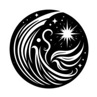 Celestial Serenity An artistic depiction in a circle, featuring abstract flowing elements, stars, and a central bright burst of light. vector