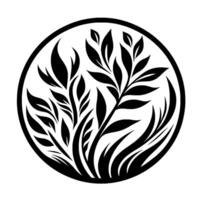 Stylized Black and White Floral Enclosed in a Circle, Featuring Leaves, Stalks, and Grasslike Elements. vector