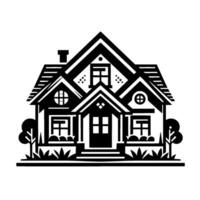 Minimalist Black and White Illustration of a Modern House with Architectural Details, Trees, and Garden Elements. vector