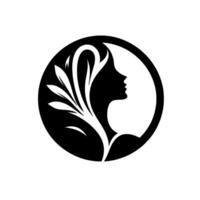 Elegant black and white featuring a womans silhouette encompassed within a circle, adorned with leaflike elements. vector