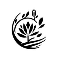 Elegant Black and White Floral Emblem A Symbolic Featuring a Lotus Flower, Bud, and Leafy Elements within a Circular Arrangement vector