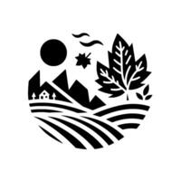 A minimalist black and white illustration depicting a rural landscape within a circle, featuring rolling hills, mountains, a stylized maple leaf, a house, and a sun, representing autumn. vector