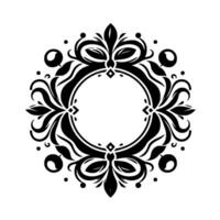 Elegant Black and White Floral Wreath Featuring a Central Circle and Ornate Leaf and Curl Accents, Perfect for Invitations. vector