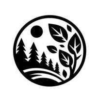 A minimalist black and white circular emblem featuring pine trees, leaves, and a sun, symbolizing natures harmony and tranquility. vector