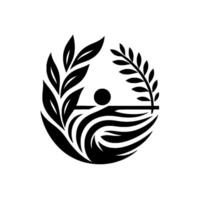 A minimalist black and white emblem depicting a swimmer over stylized water within a laurel wreath, evoking tranquility and connection to nature. vector