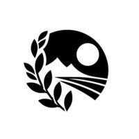 Stylized monochrome emblem featuring a mountain silhouette, a sun or moon, stylized fields, and a leafy branch within a circular shape, creating a balance of natural elements. vector