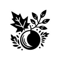 Elegant black and white botanical illustration featuring a stylized apple, leaves, and branches, evoking fall harvest vibes on a white background. vector