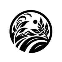 Abstract black and white circular featuring stylized mountain landscape, foliage, and sun or moon elements. vector