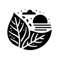 A circular, monochromatic nature featuring a stylized leaf, sun setting over water, cloud, and dots, conveying peace. vector