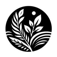 A black and white botanical illustration depicting stylized leaves, branches, and grassy elements within a circular frame, featuring a minimalist aesthetic. vector