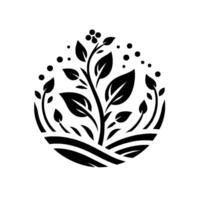 Abstract botanical illustration in black and white, depicting a stylized plant growing within a circular border, symbolizing growth and nature. vector