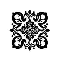 Symmetrical floral pattern in black and white, featuring an intricate with a central flower and ornamental flourishes. vector