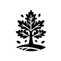 A minimalist, stylized black and white illustration of an oak tree with falling leaves, set on a gentle grassy knoll. vector