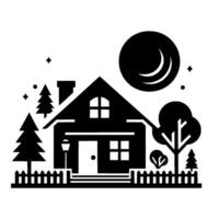 Minimalist Black and White Illustration of a House at Night with Crescent Moon, Stars, Trees, and Fence, Creating a Peaceful Scene. vector