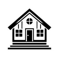 Clean representation of a simple house with a minimalist , featuring a gabled roof, symmetrical windows, and a prominent door, set against a stark white background. vector