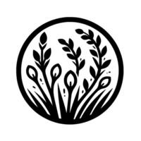A minimalist black and white circular emblem featuring stylized botanical elements, including foliage and flowering buds, evoking a sense of natural beauty. vector