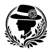 Elegant Silhouette of a Woman in a Hat Adorned with a Rose, Surrounded by Floral Elements within a Circular Frame, Illustrating Timeless Style and Sophistication. vector