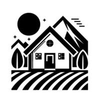 Simplified monochrome illustration of a house in a mountainous landscape with sun, stars, and trees. vector