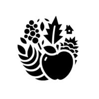A circular emblem depicting various harvest elements in a minimalist style, including an apple, berries, wheat, leaves, a house, and pine cone, set against a white background. vector