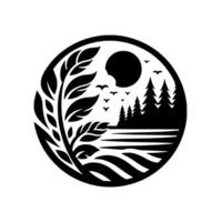 Serene Black and White Circle Composition Nature Scene with Trees, Birds, Moon, and Foliage. Minimalist . vector