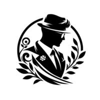 Elegant Silhouette of a Suited Gentleman, Adorned with Floral Embellishments Within a Circular Frame, Evoking Classic Refinement. vector
