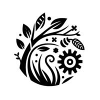 A stylized black and white illustration featuring a fusion of nature and technology, depicting leaves, branches, a gear, and other organic and mechanical elements within a circular composition. vector