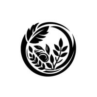 Elegant Black and White Circular Emblem Featuring Stylized Leaves, Berry, and Branch Composition Within a Simple Border. vector