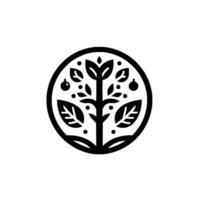 Circular Black and White Illustration of a stylized Tree with fruit, foliage and leaves, inside of a circle on a white background. vector