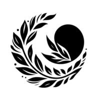 A minimalist black and white featuring a stylized crescent shape created by elegant leaf branches encircling a solid black orb with small decorative dots. vector