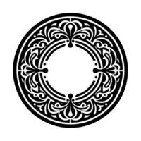 An intricate symmetrical circular in bold black lines against a white background, showcasing detailed floral and swirling decorative elements. vector