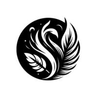 An abstract, minimalist of stylized feathers and foliage, in monochrome black and white, arranged in a circular composition within a textured black circle. vector