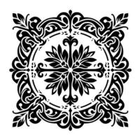 Intricate Black and White Ornamental Floral Centerpiece, Leafy Elements, Circular and Square Frames, Decorative Flourishes, Symmetrical Composition. vector