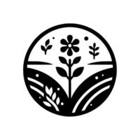 Simplified Black and White Floral Emblem A Stylized Flower and Foliage Within a Circular Frame, Evoking Natures Beauty and Harmony. vector