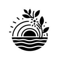 Stylized black and white illustration showcasing a vibrant sunrise, sun rays, floral elements, and stylized water, creating a serene and uplifting composition. vector