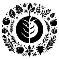 A symmetrical, illustrative, blackandwhite circular composition featuring a central applelike form split into a leaf and stem surrounded by leaves, fruit, and floral elements. vector