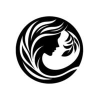 Elegant Silhouette of a Woman with Flowing Hair and Olive Branch Enclosed Within a Black Circle on White Background, Depicting Nature and Femininity. vector