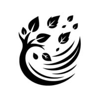 Black and white of a stylized tree with windblown leaves and curved lines creating a circular visual flow, minimalist . vector