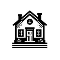 Stylized, minimalist black and white illustration of a house, showcasing a classic architectural style with crossshaped window details, chimney stacks, and decorative foliage. vector