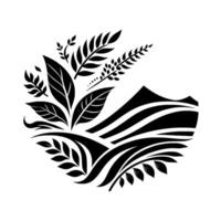 Stylized Black and White Circular Illustration Mountainous Landscape and Botanical Elements, Depicting Nature and Serenity in a minimalist . vector