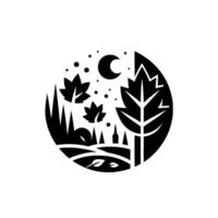 Stylized Black and White Circular Illustration of an Autumn Landscape with Falling Leaves, Crescent Moon, and a Silhouette of a Forest Scene. vector