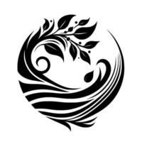 Intricate black and white natureinspired circular featuring stylized leaves, flowing lines, and swirling elements, evoking balance and harmony. vector
