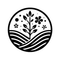 A minimalist black and white natureinspired emblem, featuring a stylized tree with leaves and flowers growing above striped fields, within a circular frame. vector