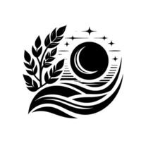 Symbolic black and white illustration featuring a crescent moon within a sphere, accented by stars, flowing lines, and foliage, evoking a sense of serenity. vector