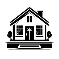 A simplified, minimalist silhouette illustration of a house with trees on each side and a chimney on top, presented in monochrome. vector