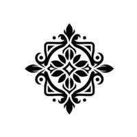 Symmetrical Black and White Floral Ornament with Geometric Shapes and Intricate Details, Isolated on White. vector