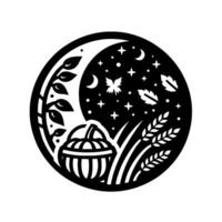 Intricate monochrome harvest scene within a circle, showcasing a pumpkin, crescent moon, stars, leaves, wheat, and a tree branch, all intricately cut out. vector