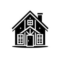 A minimalist black and white illustration of a charming house, featuring a gabled roof, chimney, windows, and a welcoming door, evoking a sense of warmth and simplicity. vector