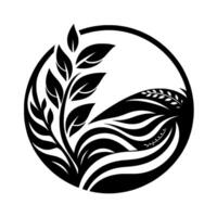 Black and white botanical illustration within a circular frame, featuring stylized leaves, branches, and decorative patterns. vector